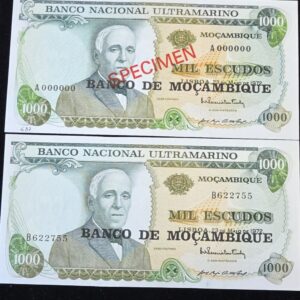 1972 PAIR MOZAMBIQUE 1000 ESC BANKNOTES 1 SPECIMEN 1 CURRENCY ISSUE